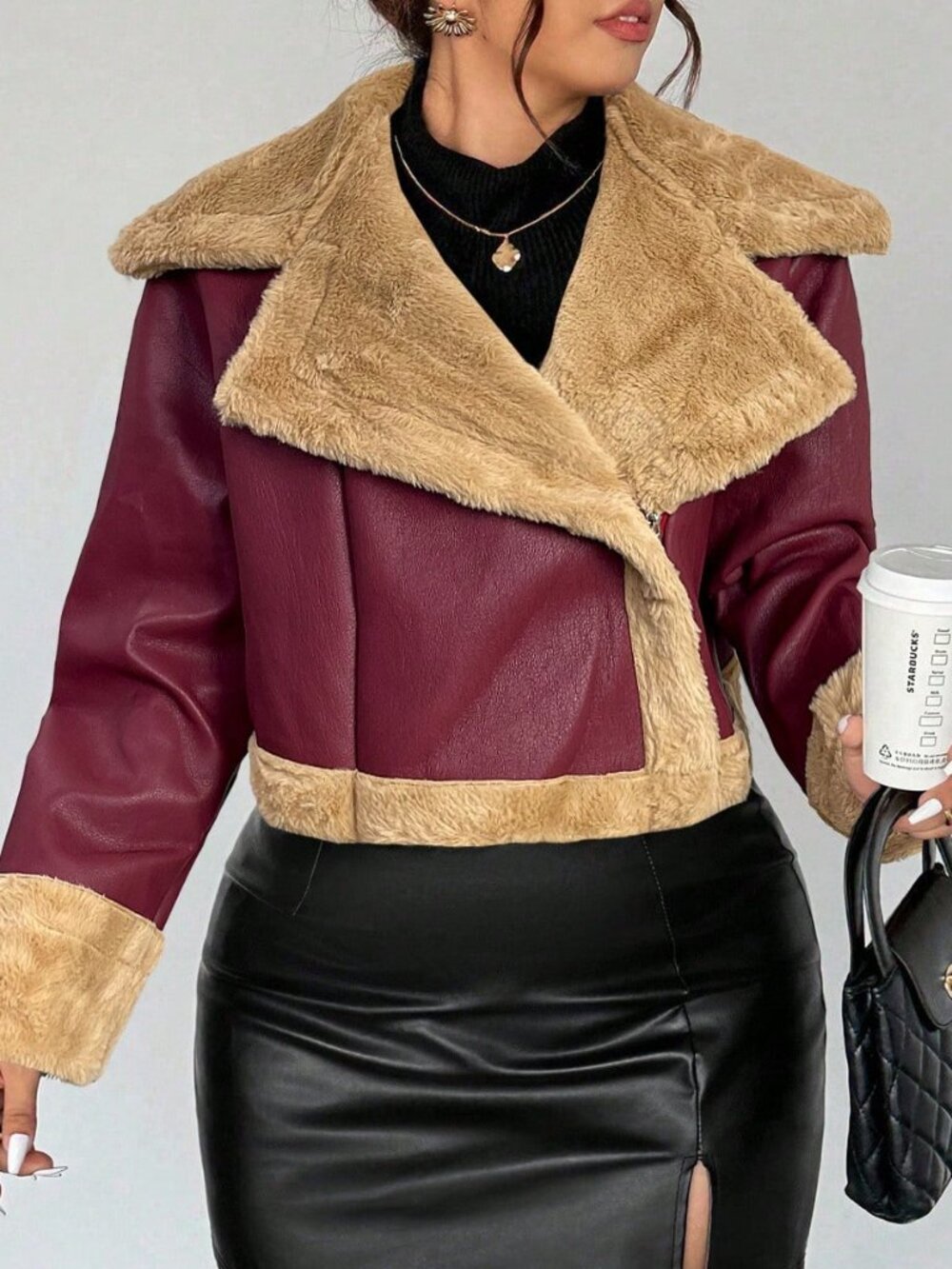 Burgundy Casual Women's Loose Lapel Zipper Short Jacket